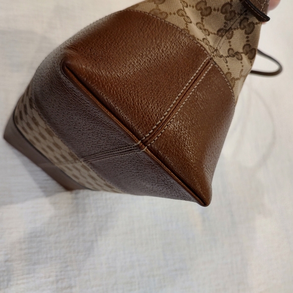 Gucci Bree Dome Tote Bag Brown Leather Cream Canvas Double Straps Zip Closure - Picture 14 of 16